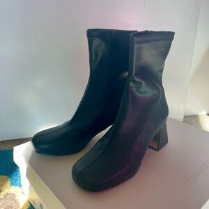 Charles & Keith Black Square-Toe Block Heel Ankle Boots